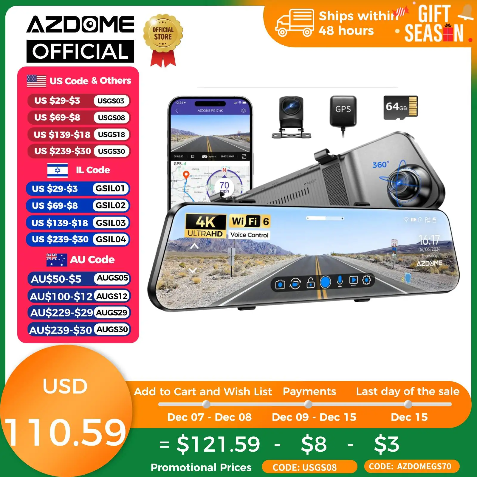 AZDOME PG17 4K Dash Cam 11.8\'\' Touch Screen RearView Cam Car DVR Dual-Channel GPS Wifi Video Recorder 24H Parking Modes Night Vi