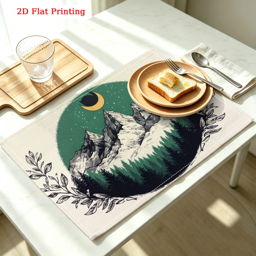 Mountain Forest Moon Starry Night Scene Kitchen Placemat Coaster Linen Pad Dish Coffee Cup Table Mat 30x40cm Home Decor