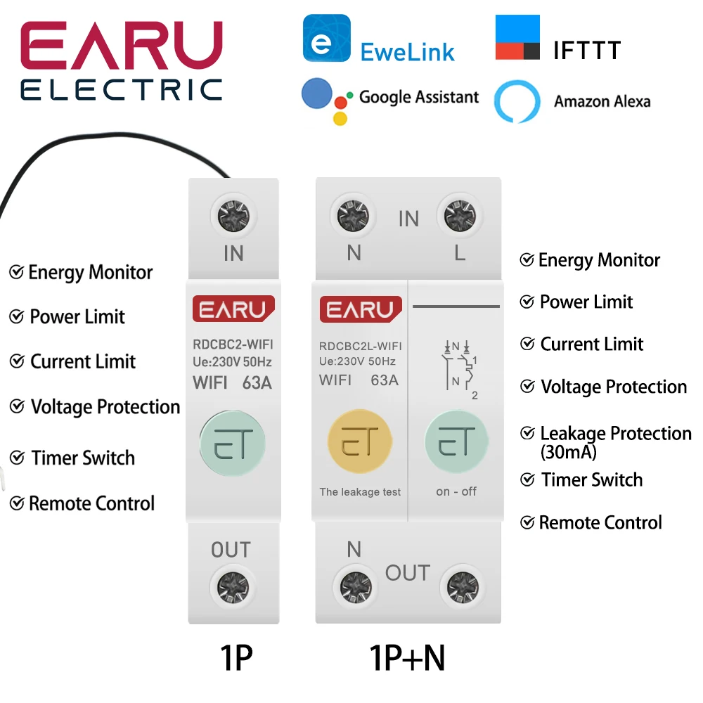 1P+N Din Rail WIFI Smart Energy Meter Power Consumption kWh Circuit Breaker Time Timer Switch Relay Voltmeter for Smart Home