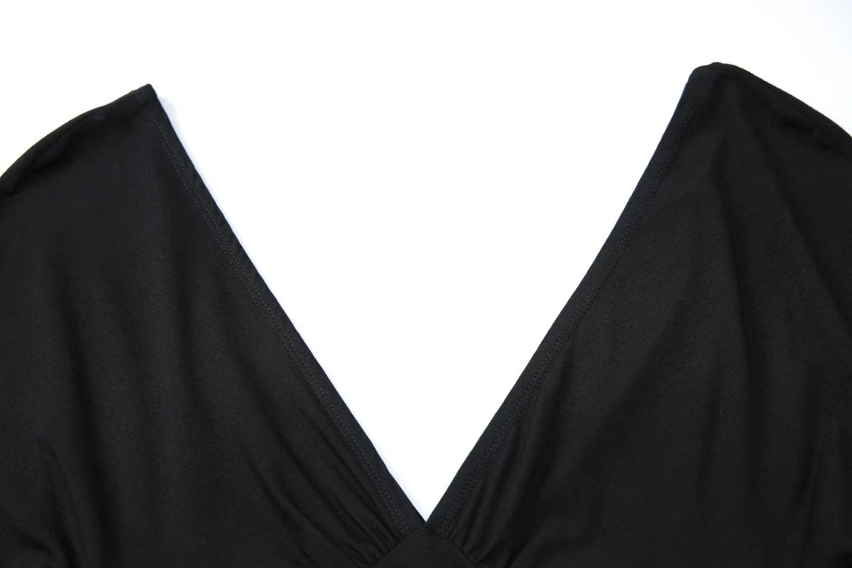 Hugcitar Elegantes, einfarbiges, kurzärmliges, rückenfreies, sexy, figurbetontes Minikleid mit V-Ausschnitt für Herbst und Frühling, Damenkleidung, Geburtstagsfeier, Urlaub – Detail 5