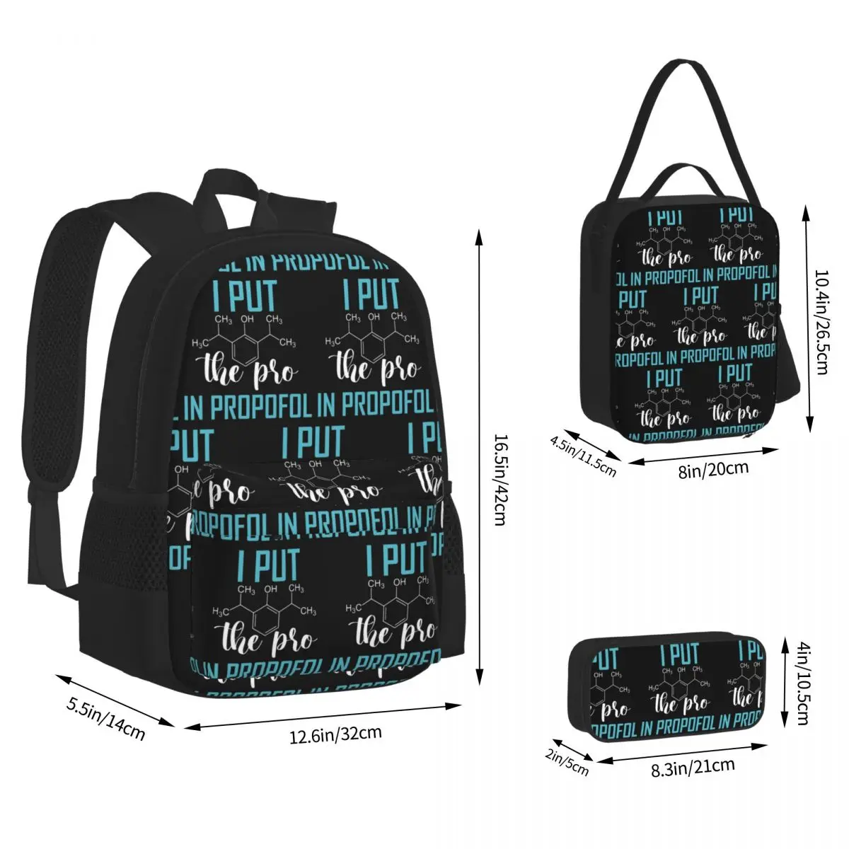 ANESTHESIA Pro In Propofol Backpacks Boys Girls Bookbag School Bags Kids Rucksack Lunch Bag Pen Bag Three-Piece Set