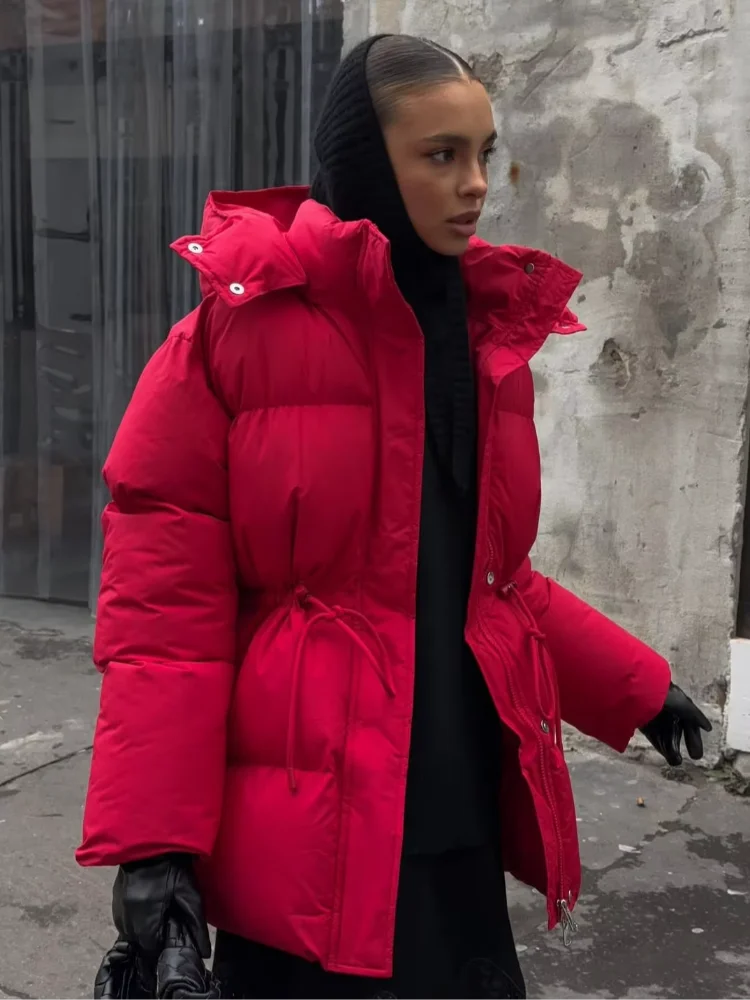 Chic Red Drawstring Hooded Cotton Coat Women Chic Stand Collar Single Breasted Waist Cinching Loose Coats Lady Street Warm Wear