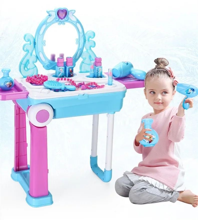 Disney-Frozen Trolley Case para crianças, 2 em 1, Playset de maquiagem, Simulação Kitchen Set, Play House, Brinquedos para meninas, melhor presente, Luzes LED