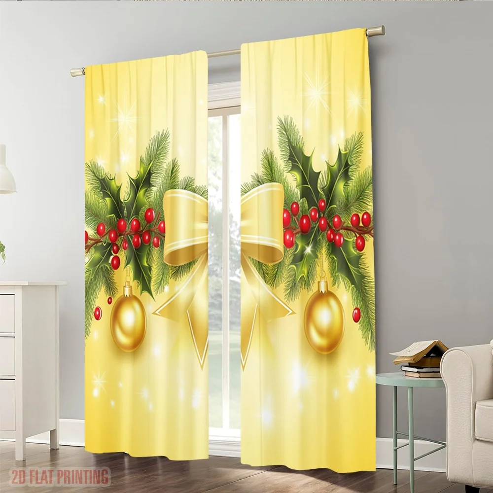 2 قطعة ، 2D الطائرة الطباعة لوحات الستار شعبية عيد الميلاد القوس هولي التوت الحلي (4) دائم 100% البوليستر النسيج (بدون