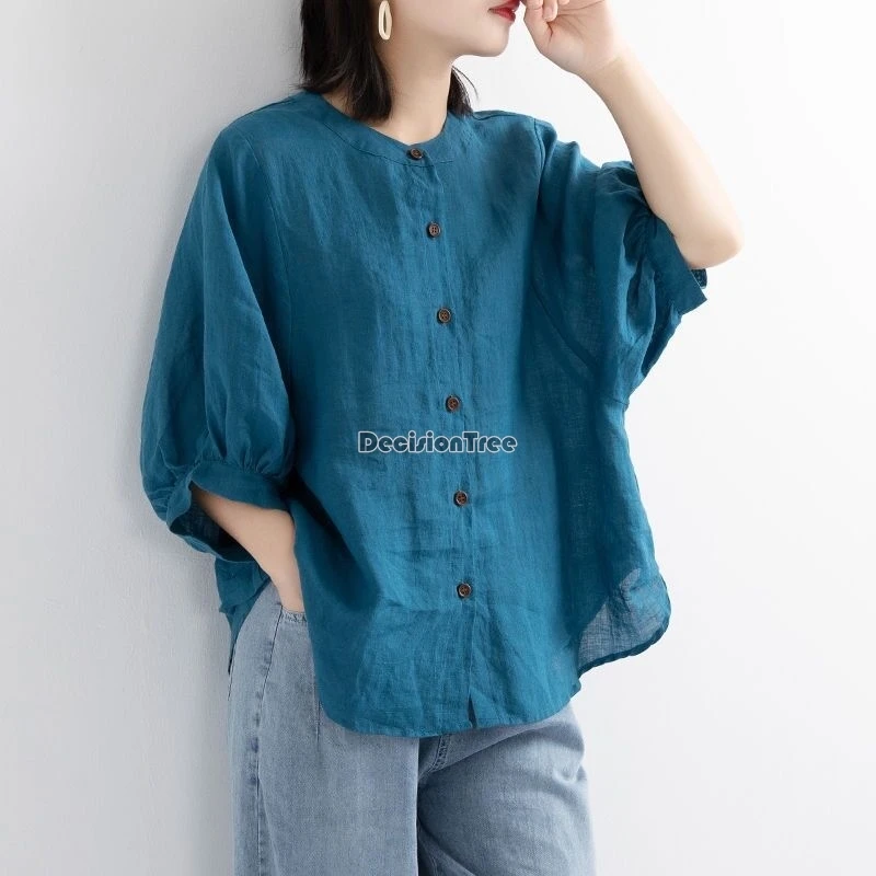 

2024 new vintage chinese national solid color top chic lantern sleeves button loose blouse zen tea temperament cotton linen top