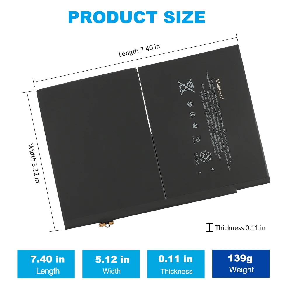 KingSener A1547 Replacement Battery for Apple iPad 6 Air 2 A1566 A1567 A1547 Tablet PC 3.76V 27.62WH 7340mAh Free Tools