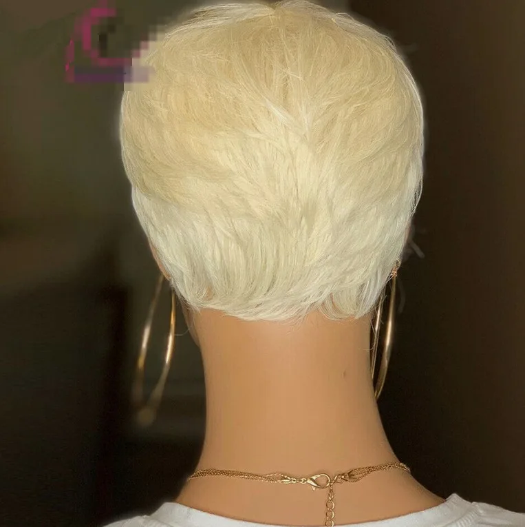 Honey Blonde Human Hair Wigs Short Wavy Bob Pixie Cut None Lace Soft Hair