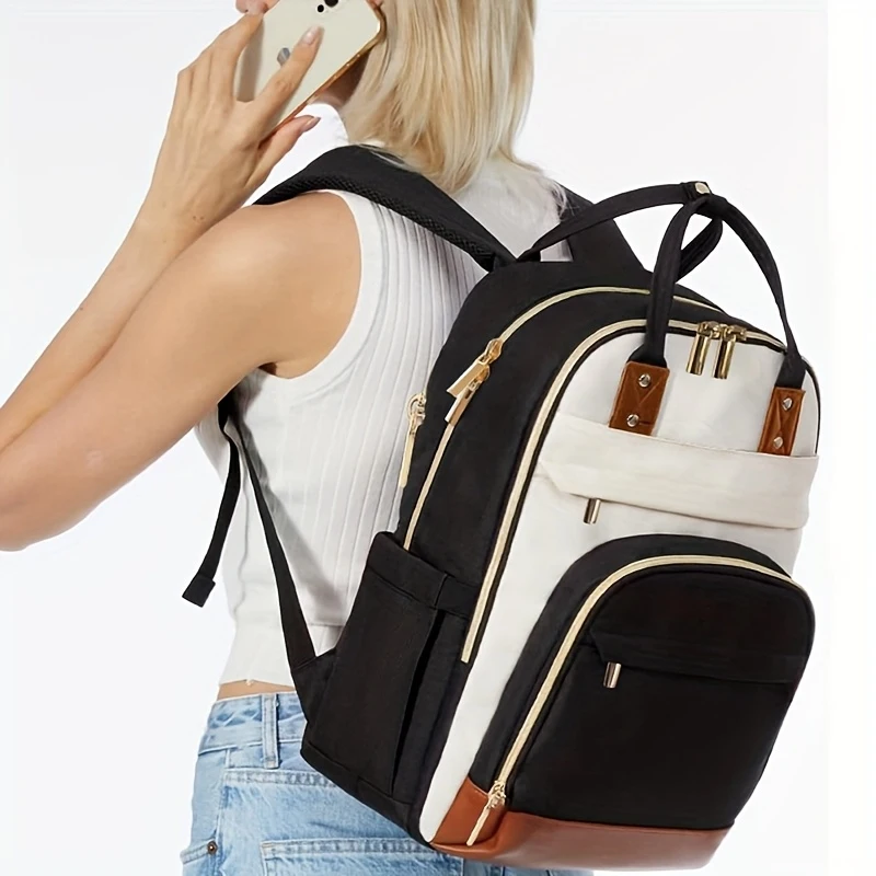 Women 15.6 Inch Laptop Backpack, Waterproof USB Charging Work Travel Backpack, Fashion Contrast Color Teacher Nurse Computer Bag
