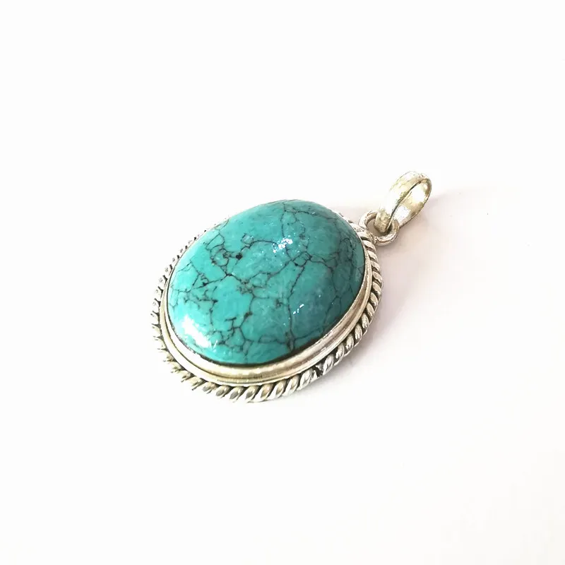 Tibetan White Metal Copper Pendants Cyan Navy Oval Pendants TBP759