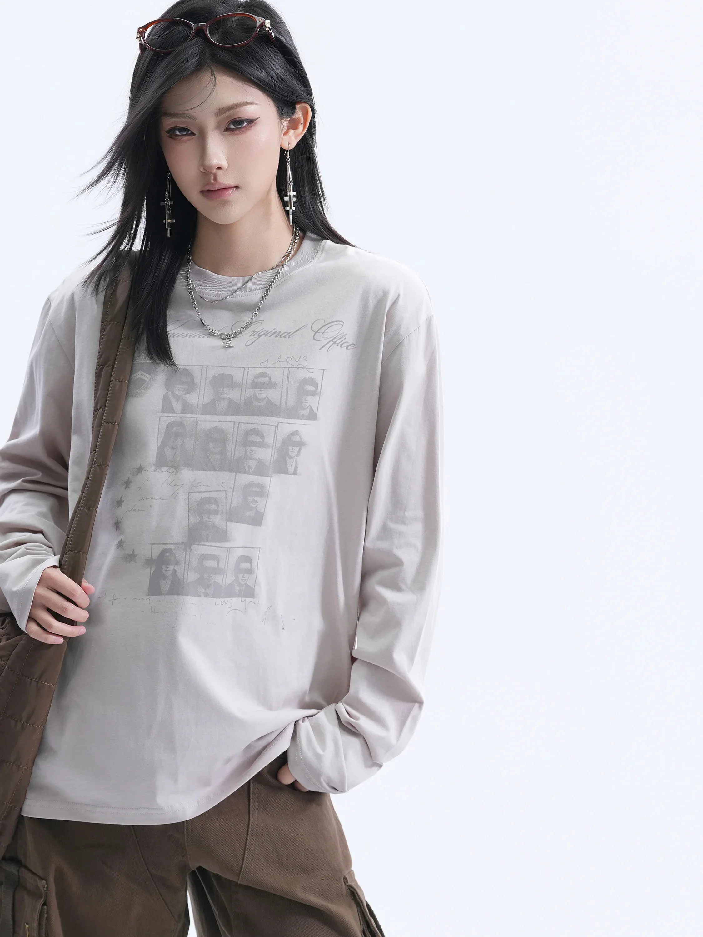 American Vintage Poster Long Sleeve T-Shirt Women's Rustic Slimming Neutral Style Versatile Top Trendy Cotton Loose Fit