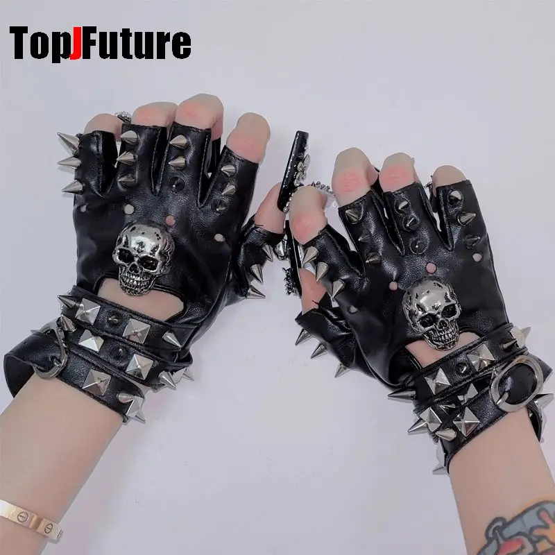 Women Subculture Men Gothic Lolita Y2K Rivet Black Glove Harajuku Fingerless PU Skeleton Punk Heavy Metal Punk Y2K Girl Gloves