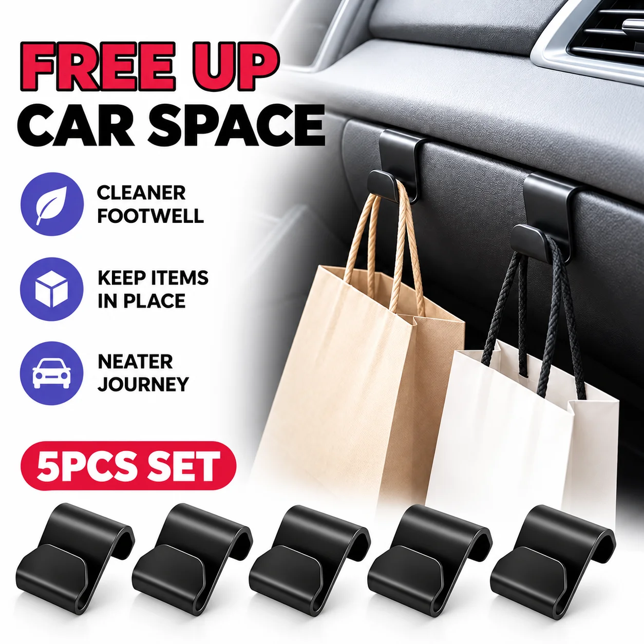 5PCS Car Wall Mounted Storage Hooks Universal Front Passenger Seat Hangers Glove Box Organizer Interior Accessories Holder