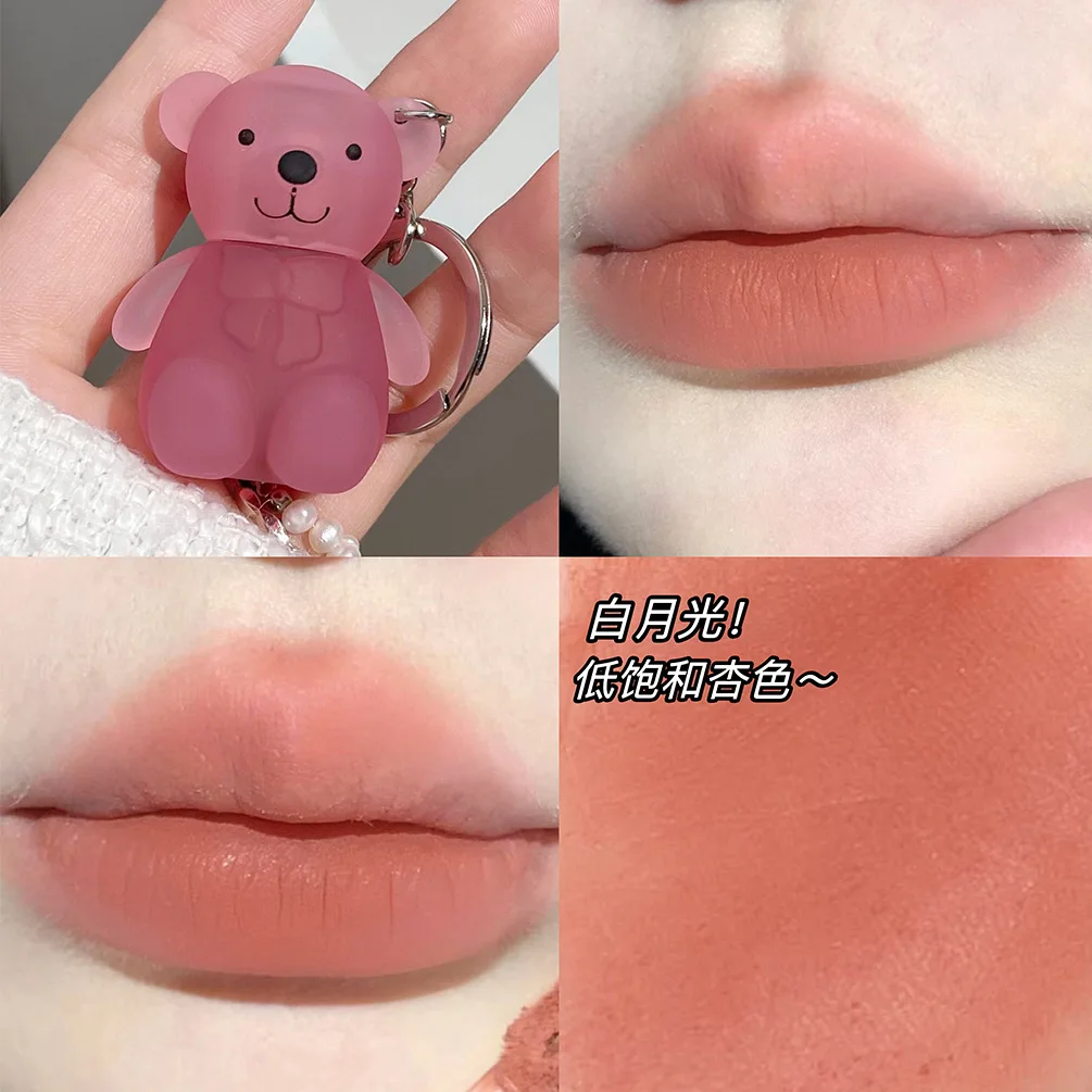 Cute Bear Keychain Lip Mud Nude Matte Liquid Lipstick Waterproof Long Lasting Lipgloss Moisturizing Lip Tint Korean Cosmetics