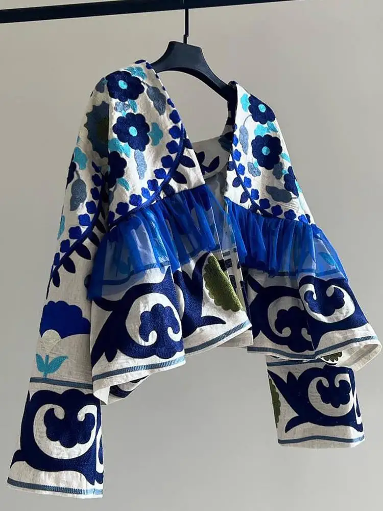 Unique Beautiful Early Spring Women's Blue Embroidered Open Cardigan Jaet Faionable Holiday Sle Commute Loose Fit Long ...