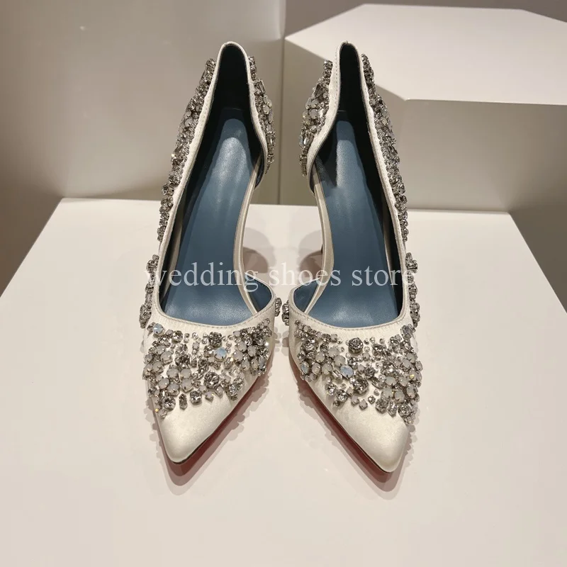 Crystal Embroidered Satin Heels Women High Heels Shallow Mouth Pointed Toe High Heels Wedding Luxury Single Shoes Women Pumps