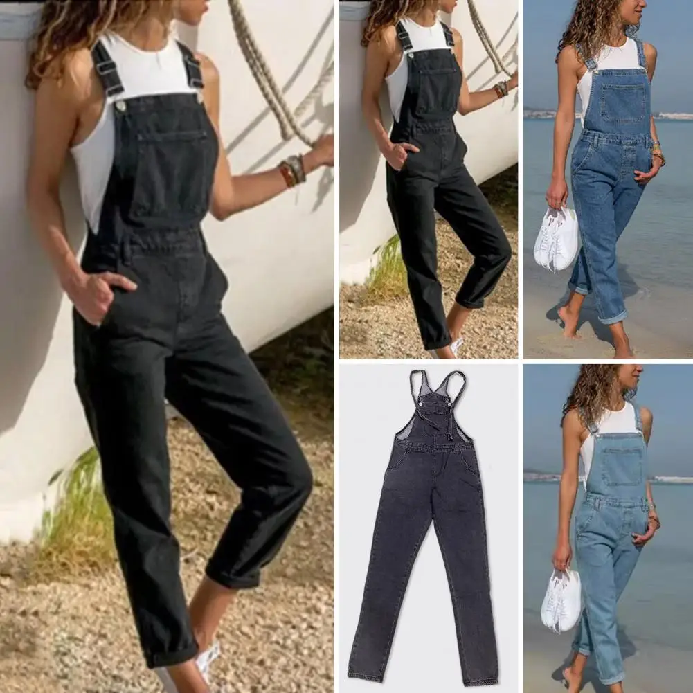 Women Denim Jumpsuit Side Pockets Adjustable Strap Plus Size Jumpsuit Loose Backless Square Neck Backless Lady Overalls 여성 점프슈트