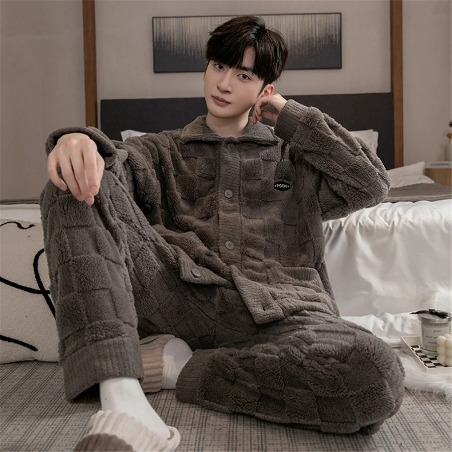 Men\'s Winter Warm Sleepwear Comfortable Pajama Sets 2 Pieces Thickened Homewear for Men Coral Fleece Nightwear Big size 3XL