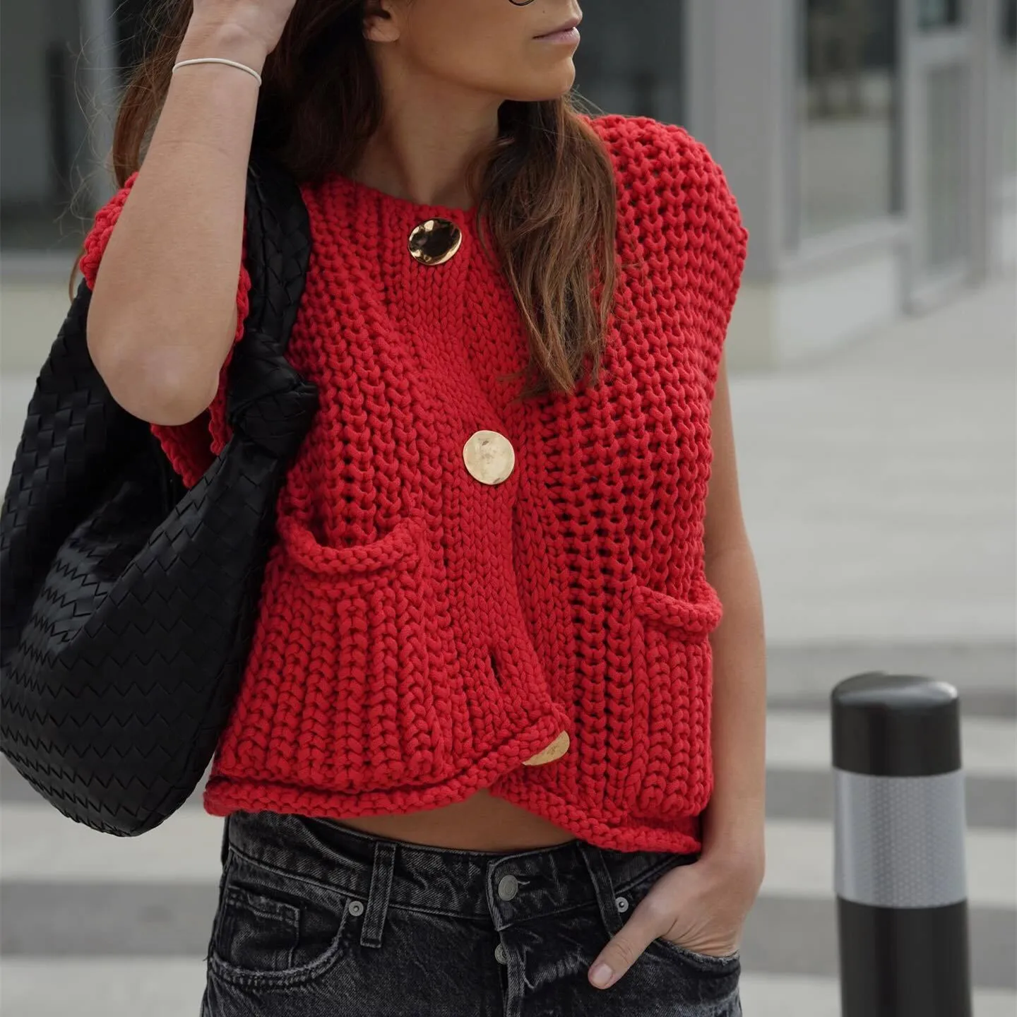 Autumn Winter Women's Pocket Sleeveless Short Knit Vest Cardigan