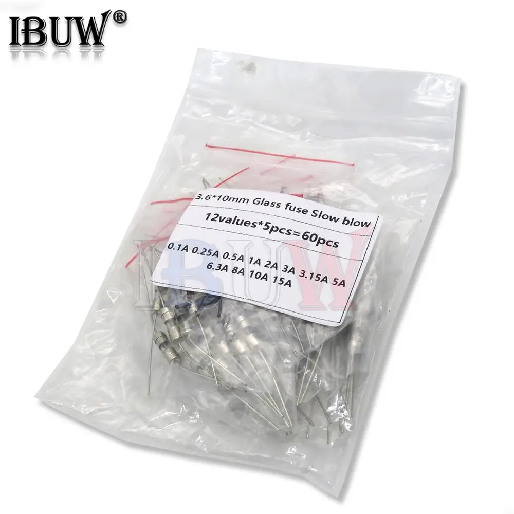 12values*5pcs=60pcs 3.6*10mm Glass fuse Slow blow 250V 3.6x10 T0.1A-15A