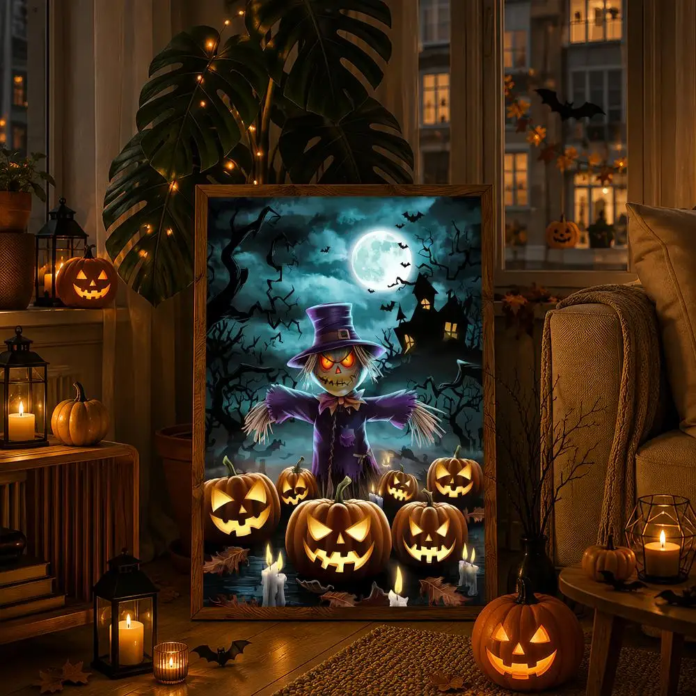 Halloween HD Wall Art Poster Scarecrow Witch Werewolf Mummy Pumpkin Spooky Night Home Decor Gift