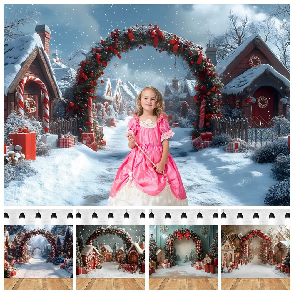 

2024 Christmas Backdrop Candy Flowers Arch Village Houses Gifts Snow Road Winter Kids Family Xmas Party Photography Background