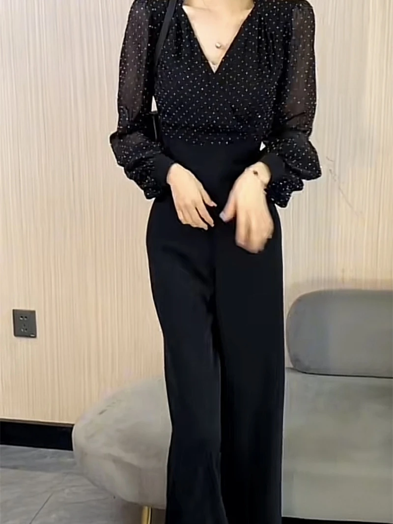 Elegant Women's Spring 2025 V-neck Rhinestone Mesh Bubble Sleeve Waist-cinching Wide Leg Jumpsuit High Waist Long Pants