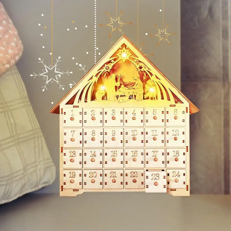 Christmas Wooden Advent Calendar House Light Up Calendar Gift LED Lighted Advent Calendar With 24 Drawers Countdown To Christmas - Image 3