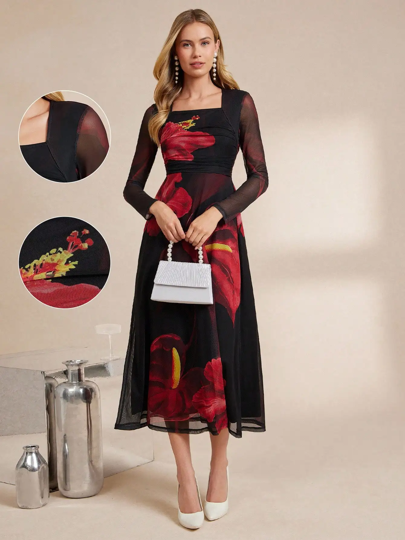 

Женское платье миди с квадратным вырезом, цветочным принтом и длинными рукавами из сетчатой ткани, элегантное, для вечеринок и осенних мероприятий