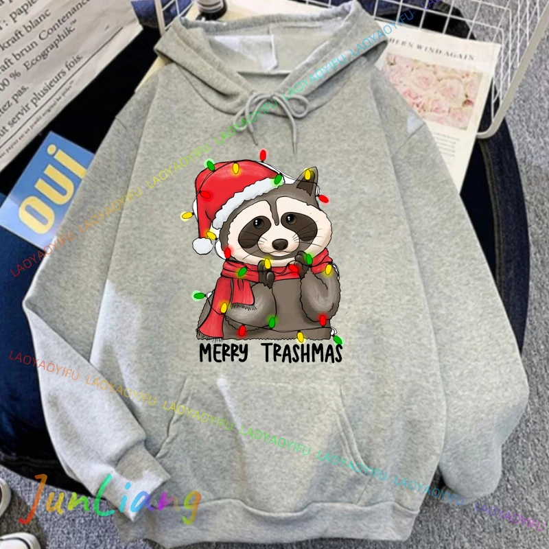 

Funny Merry Trashmas Christmas Raccoon Print Hoodie Autumn Warm Women Hoodies Kawaii Clothes Women's Long Sleeve Top Y2k