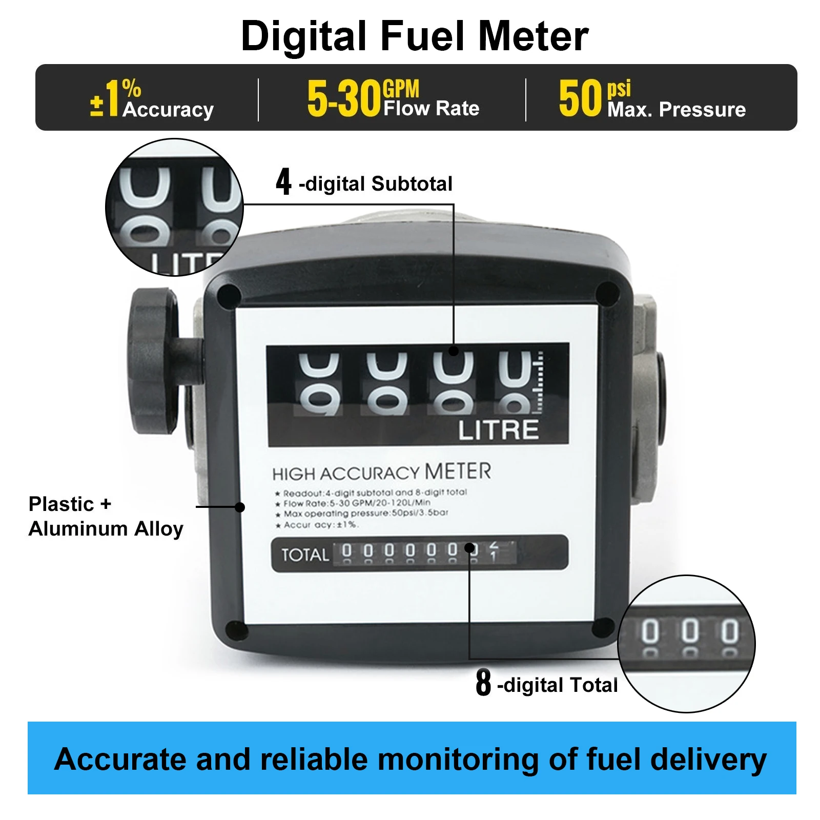 

Mechanical Flow Meter 4Digit Fuel meter Impeller type Digital Diesel Gasoline Meter 5-30GPM/20-120L/Min High Accuracy Fuel Gauge