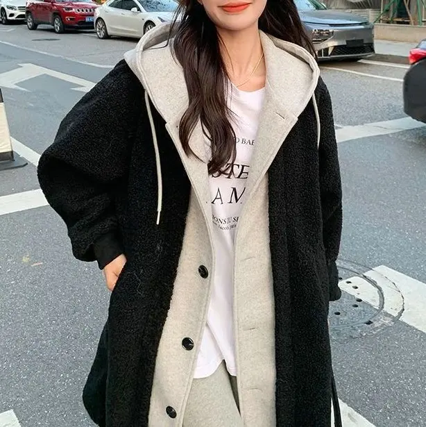 

Korean Chic 2025 Autumn and Winter New Long Hooded Skirt Jacket Lamb Velvet Versatile Loose Fashion