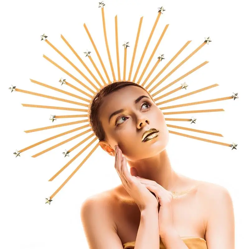 Halo Crown Headband For Women Golden Star Virgin Mary Headpiece Zip Tie Spiked Halo Head Crown Met Gala Headband For Costume