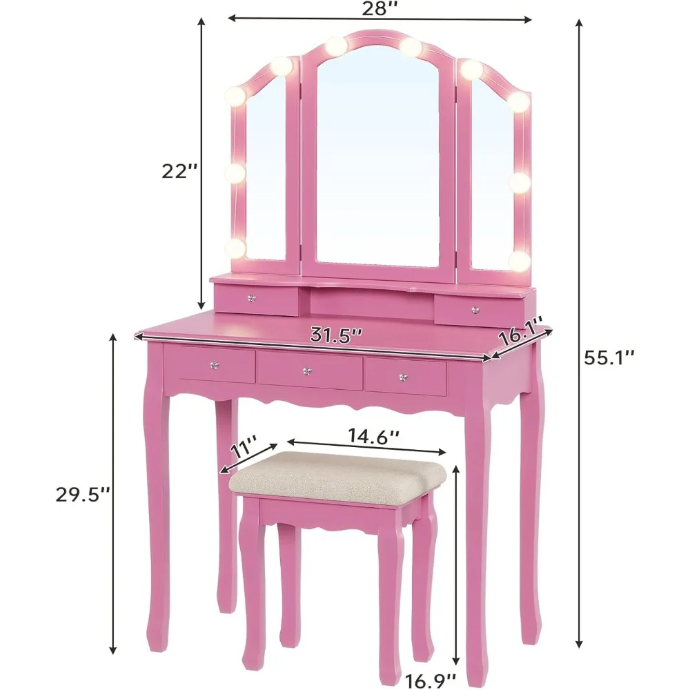 Mesa de vaidade de maquiagem com espelho triplo, 5 gavetas, 8 luzes, banco estofado para aplicação de maquiagem profissional