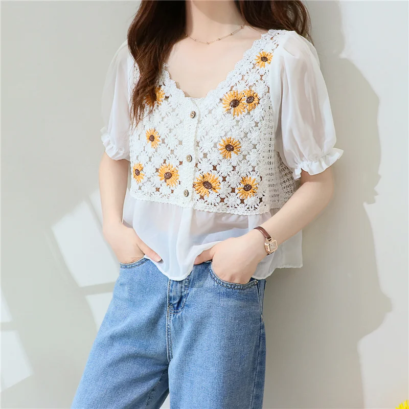 Crochet Top Chiffon Flower Embroidery Daisy Long Sleeve Button Front Fake Two-Piece Blouse Spring Summer Fairycore Cottagecore - view 6