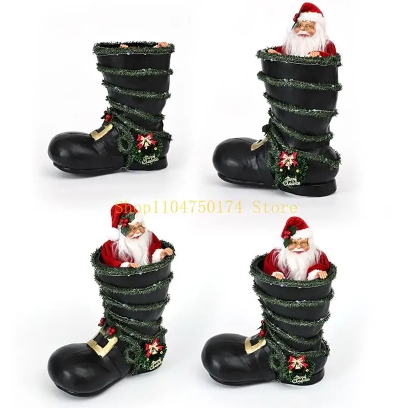 Black Christmas Boot Shelf Display with LED Battery Operated Santa Accent for Indoor Entryway and Retail Holiday Use, 11 x 25 x