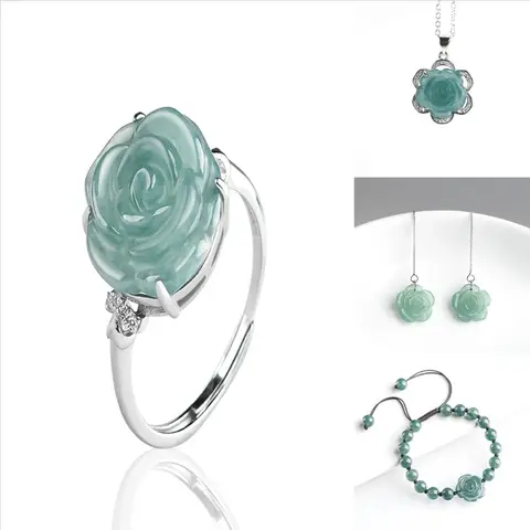 Blue Real Jadeite Rose Jewelry Set Ring Earrings Pendant Necklace Lucky Natural Burmese Jade Stone Talismans