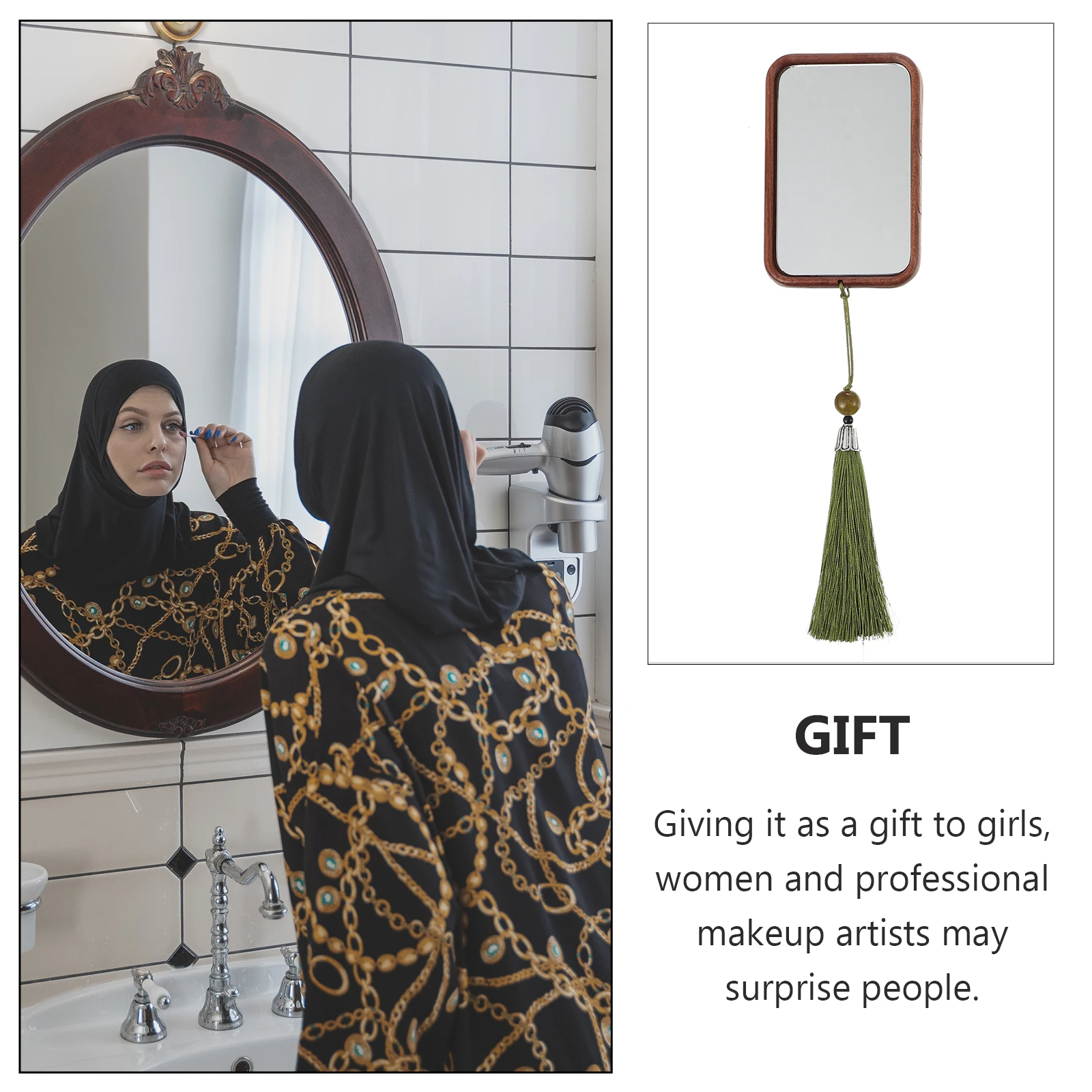 

Wooden Carving Mirror Makeup Travel Women Vanity Tool LED Tassel Compact Beauty Makeup Mirror Accessories