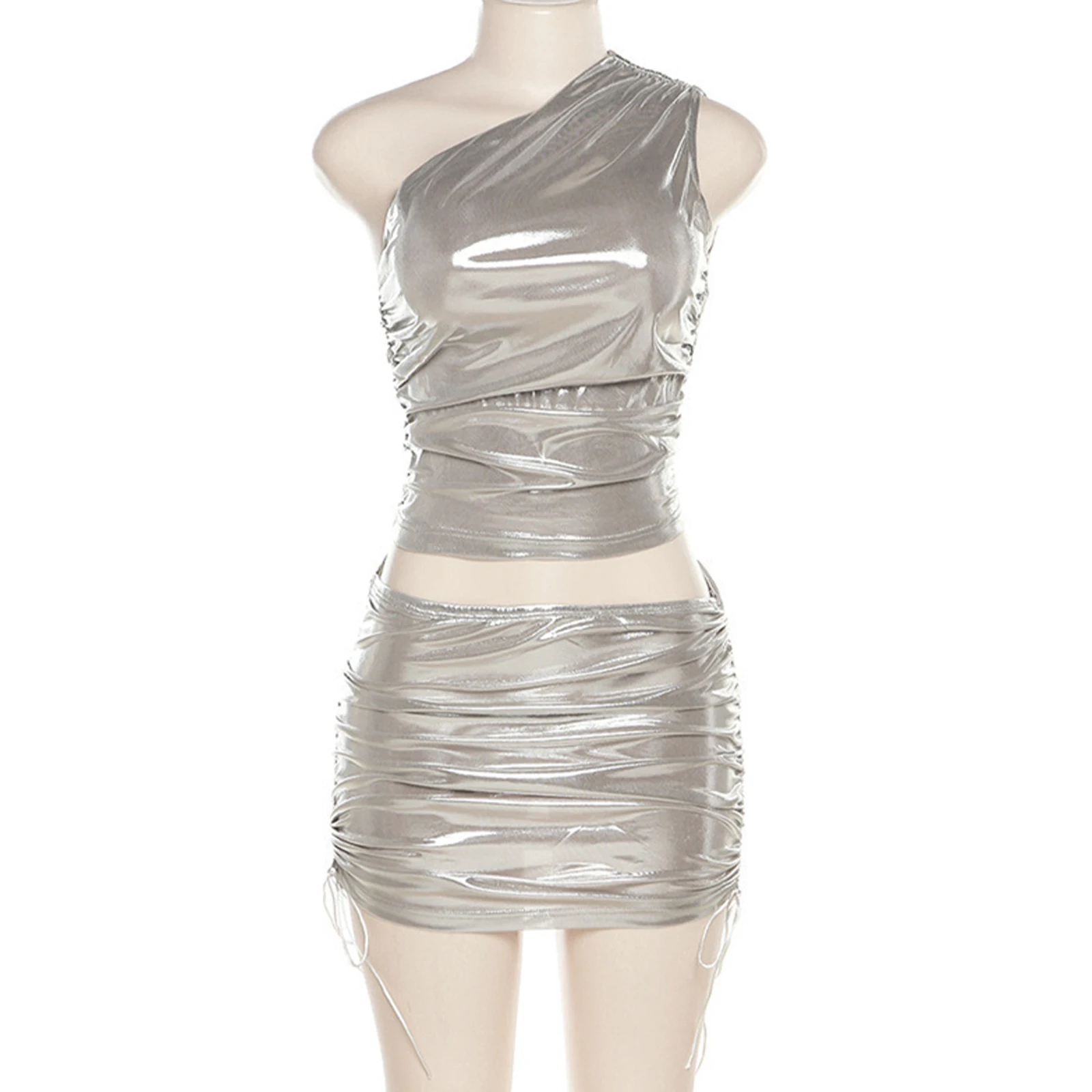 Conjunto metálico para mujer, lencería ajustada, ropa para discoteca, Top corto sexy sin mangas con un hombro y minifalda fruncida para fiesta de música Raves