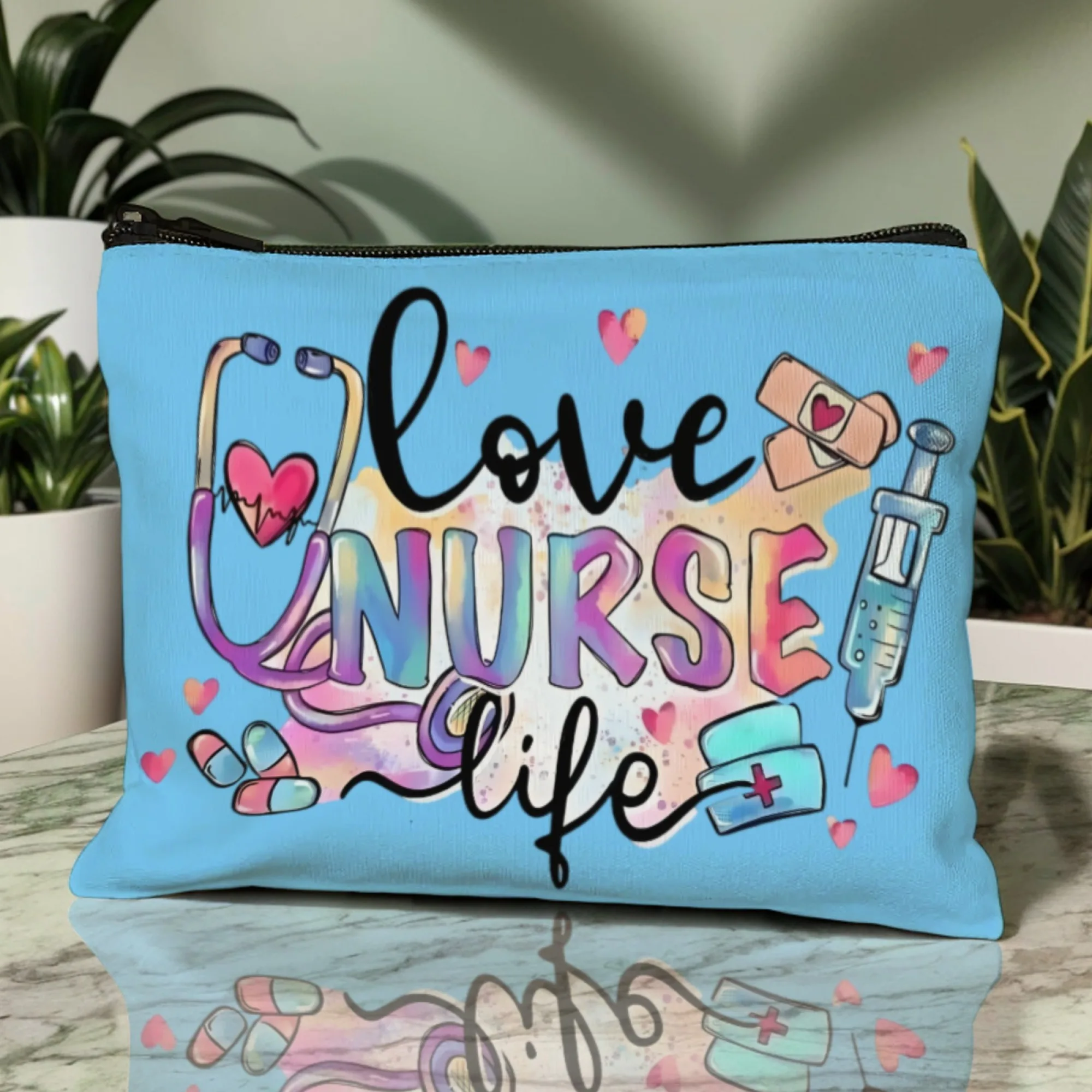 Gift-ready Nurse Appreciation Pouch “LOVE NURSE LIFE” Quote & Medical Elements Durable Fabric Daily Essentials Thank You Gifts