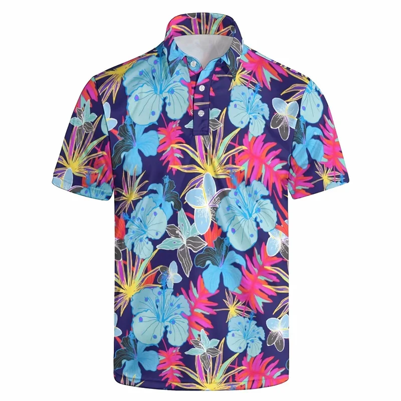 Hawaiian Plants Pattern Polo Shirt Men 3D Print Dinosaur Shark Short Sleeves T-shirt Hot Sale Summer Button Loose Lapel T Shirts