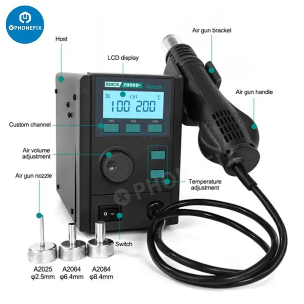 QUICK 2008D+ Heat Gun Hot Air Soldering Station with ESD Digital Display for Phone SMD BGA PCB Desoldering Repair Platform Tool