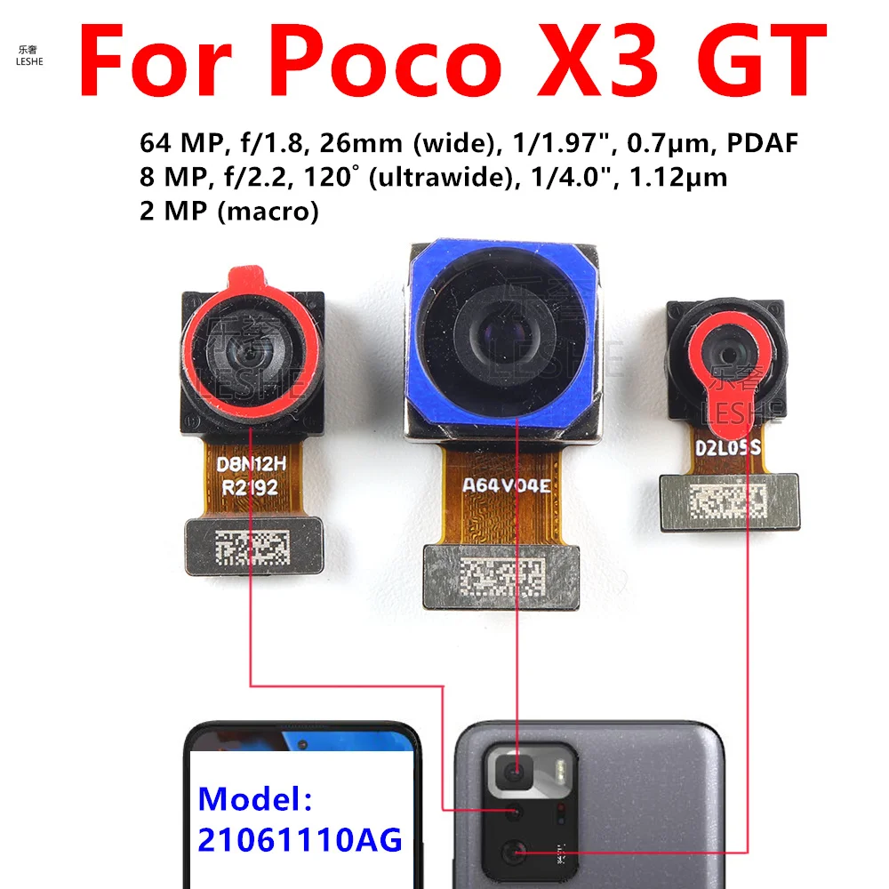 

Протестированный модуль передней и задней камеры для Xiaomi Poco X3 GT, фронтальная селфи, задняя часть, гибкий кабель основной камеры 21061110AG