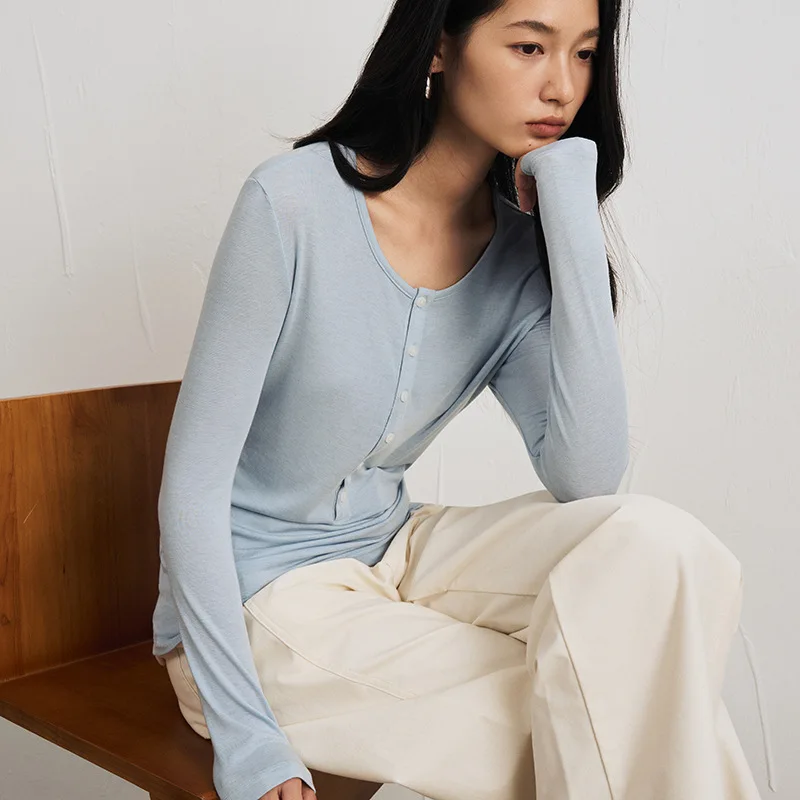 قميص أساسي من الصوف الحريري للنساء للخريف والشتاء برقبة دائرية وأزرار، قميص تريكو نحيف، لون سادة مخطط بأكمام طويلة #3