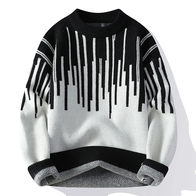 Men's Autumn/Winter 2024 sweater, fashion trend thickened striped semi-turtleneck sweater, all-in-one long-sleeved pullover