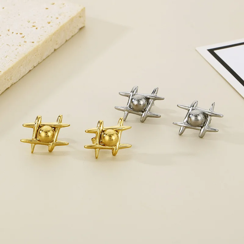 European And American Retro Metal Tic-tac-toe Cross Circle Geometric High Class Sense Temperament Earrings