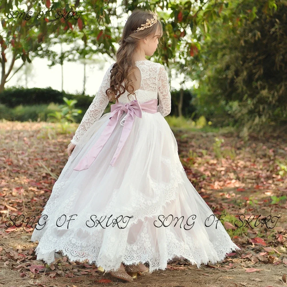 Customized Lace Tulle Ground Wedding Flower Girls Dresses Sequined Bow White Princess Children's Performance Gown Платье Для Дев