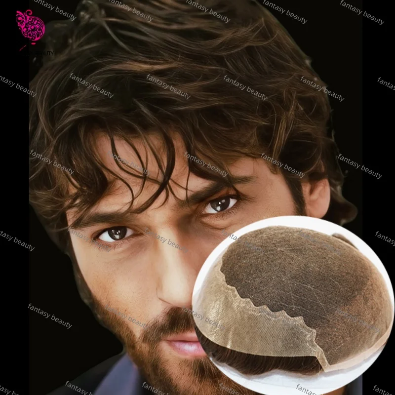 100% رماد حقيقي/بني فاتح شعر بشري شعر مستعار اصطناعي للرجال دانتيل سويسري قابل للتنفس وبولي يوريثان حول الرجال الشعر المستعار كثافة 110%-130% #1