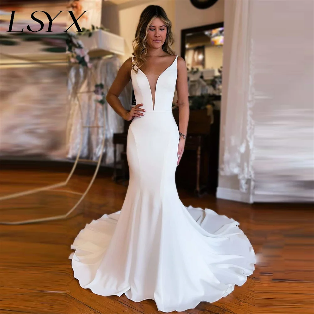 LSYX Customized Simple Deep V-Neck Sleeveless Crepe Mermaid Wedding Dress For Women Open Back Court Train Bridal Gown