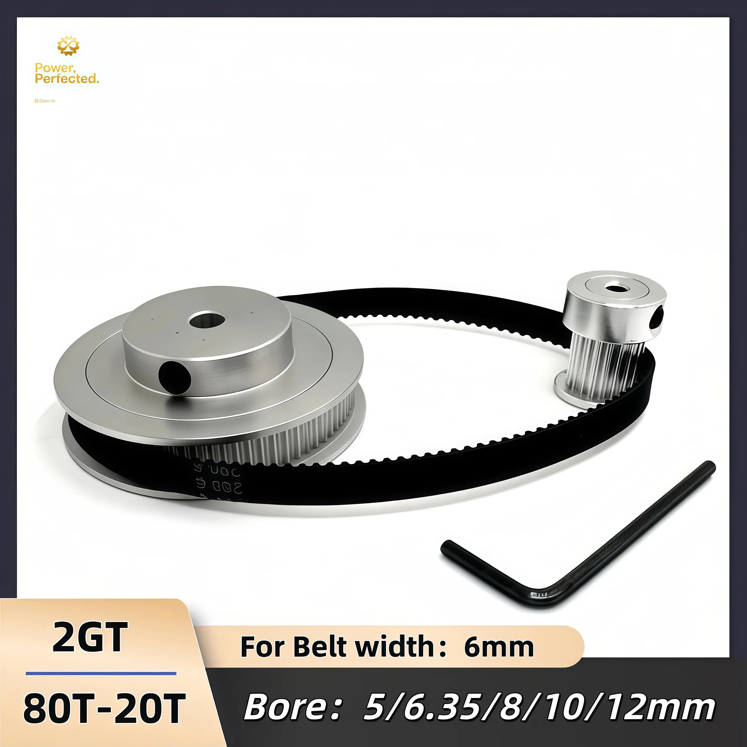 80T GT2 Timing Belt Pulley Set, 20 Teeth, 6mm Belt Width, Bore 3-14mm, 4:1 Reduction Ratio, with Tensioning Wheel & Belt Kit