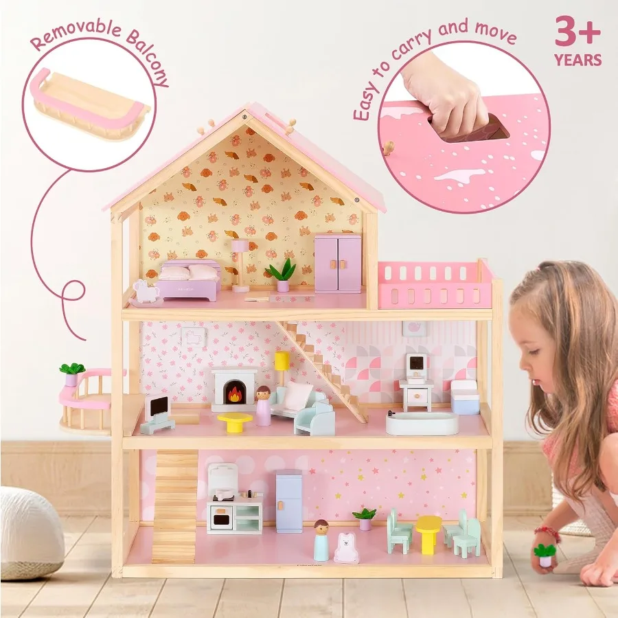 Grande maison de poupée en bois rose, 7 pièces, 3 étages, avec 38 meubles et accessoires, balcon, jeu de simulation Montessori, cadeau pour